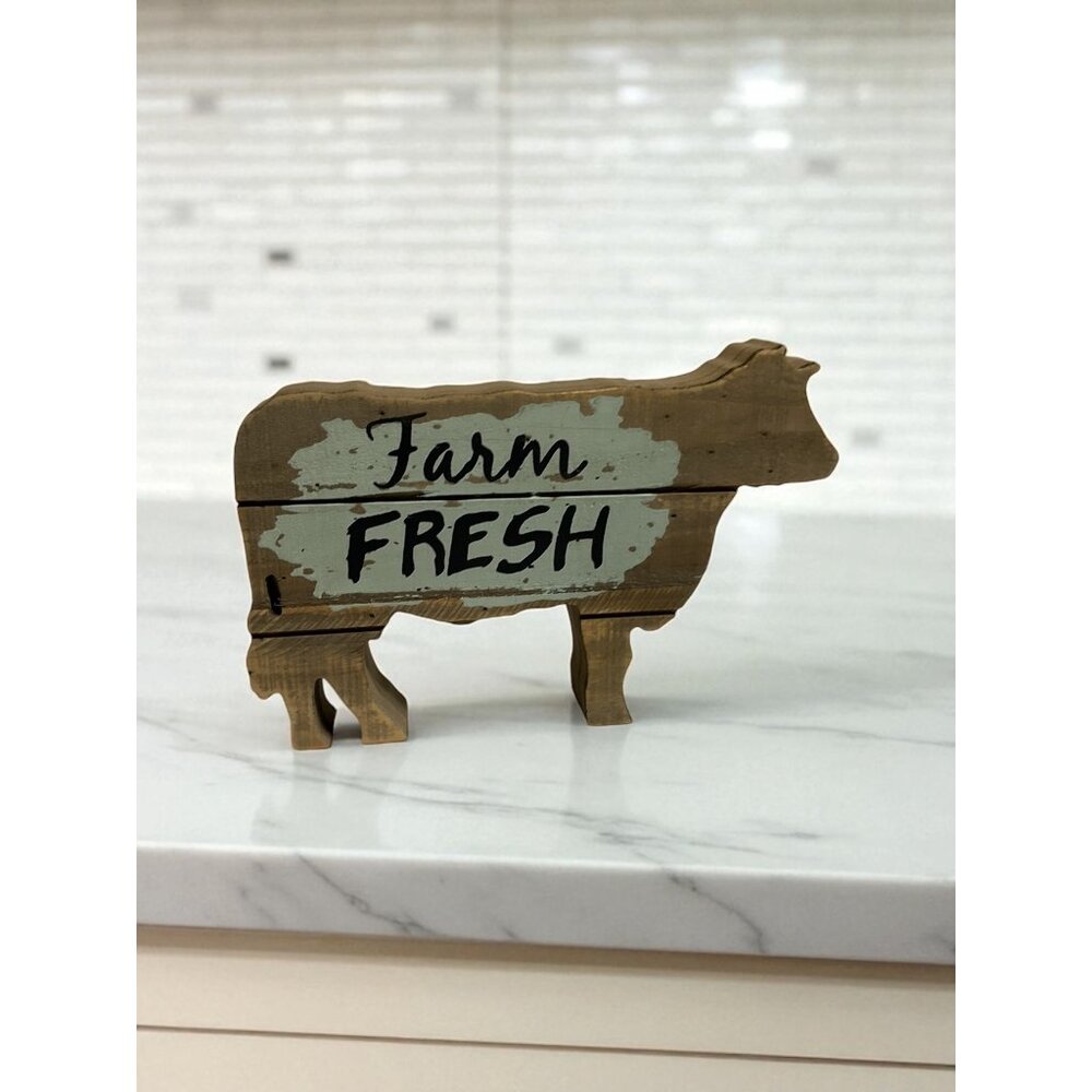 Farm Fresh Cow-Shaped Wooden Decor Sign Rustic Farmhouse Style